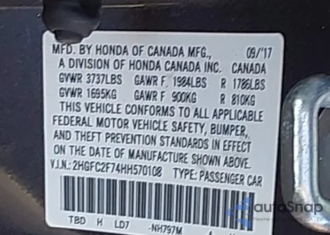 2017 Honda Civic Ex from USA, damaged, VIN 2HGFC2F74HH570108